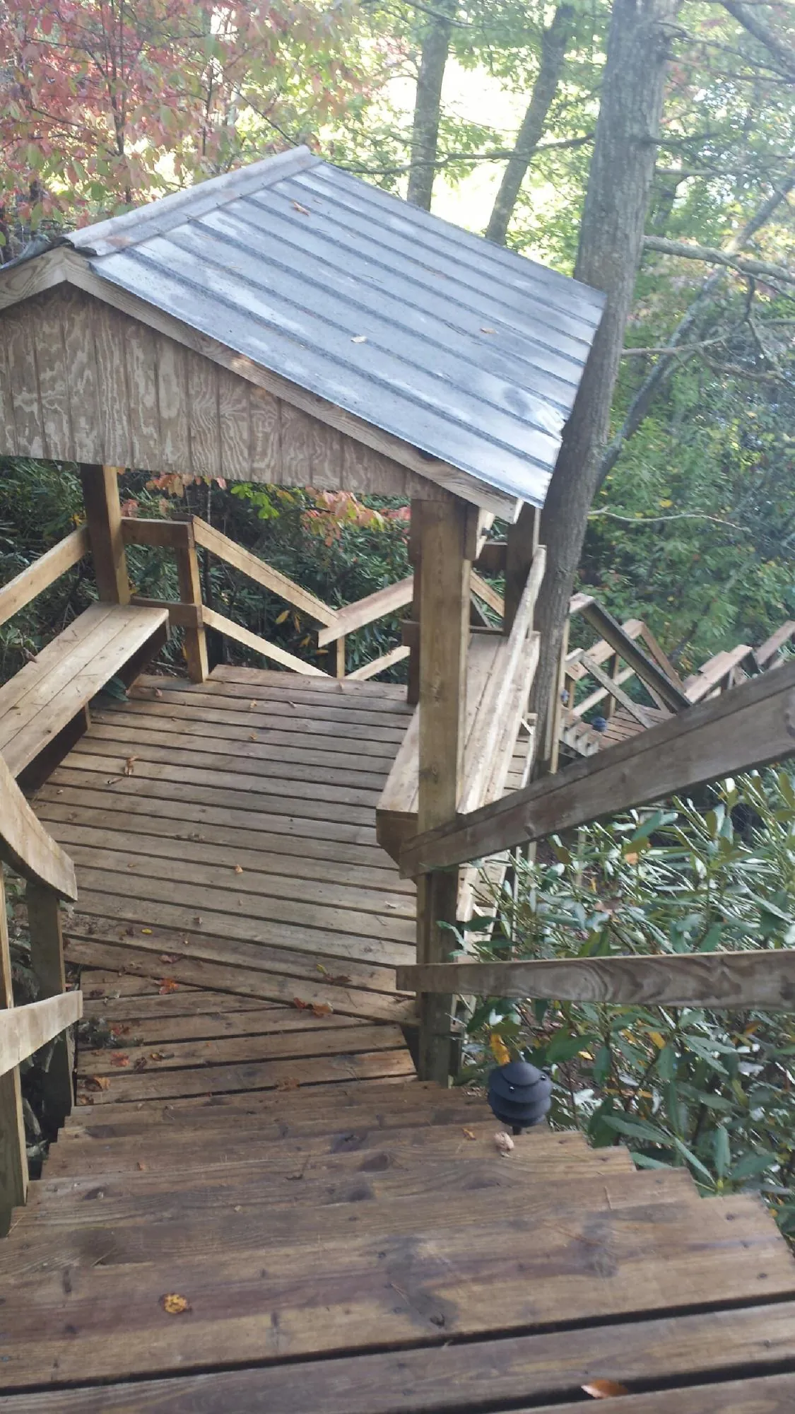 Metal roofed shelter over wooden steps on a wooded walkway — Skylight Repair & Installation work by our crew in Walkerton
